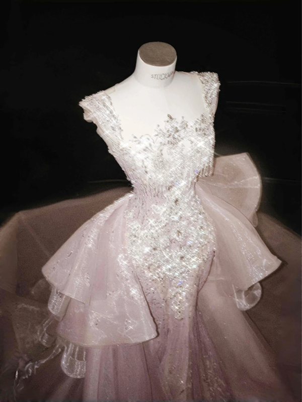 Light pink diamond suspenders waist hip-hugging fishtail sexy long skirt, prom dress R5642