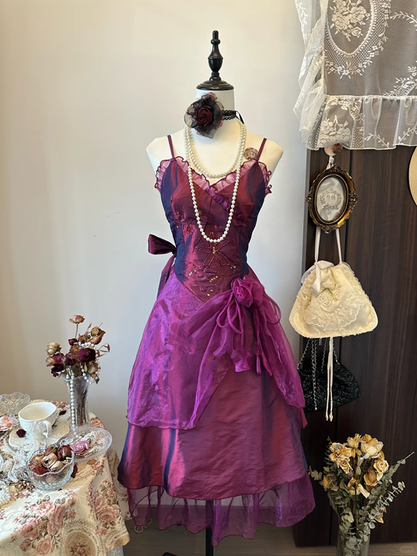 Dark purple suspenders, slim waist, slimming, A-line, charming short skirt, homecoming dress R4249