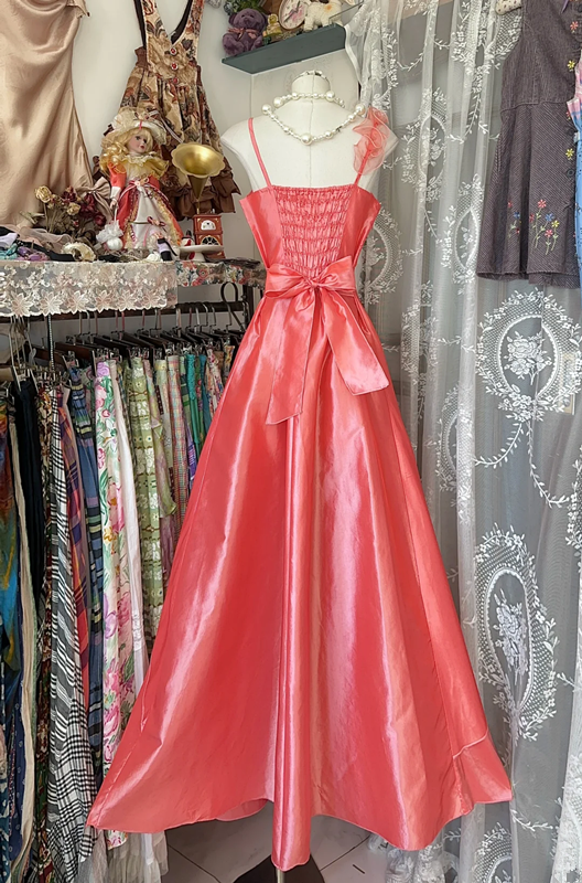 Pink satin halter-neck fitted A-line maxi dress, ball gown R6313