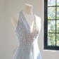 Light blue halter neck fitted waist long ball gown R8448