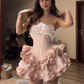Light pink strapless fitted waist tiered skirt short ball gown R7552
