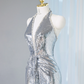 Silver halter-neck, fitted long ball gown/bridal dress R9029