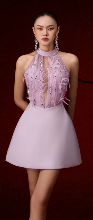 Purple halterneck sequined feather waist slim fit charming A-line short skirt homecoming dress R4573