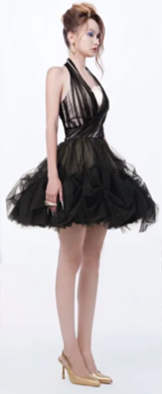 Black halterneck low-cut sexy puffy tulle short skirt homecoming dress R4654