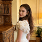 White floral V-neck dress with a fitted waist and pleated skirt, long ball gown/bridal gown R8575