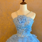 Light Blue Spaghetti-Strap Waist-Cinched Puffball Skirt Ball Gown, Bridal Gown R7358
