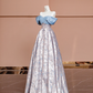 Light blue off-the-shoulder neckline, fitted waist, vintage print long ball gown R8418