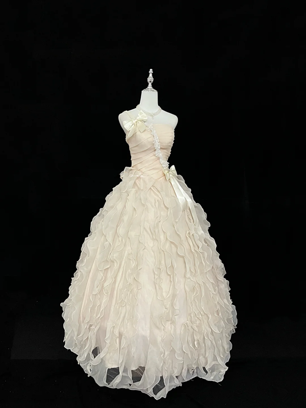 Light apricot strapless, fitted waist, full skirt, long ball gown, bridal dress R9059