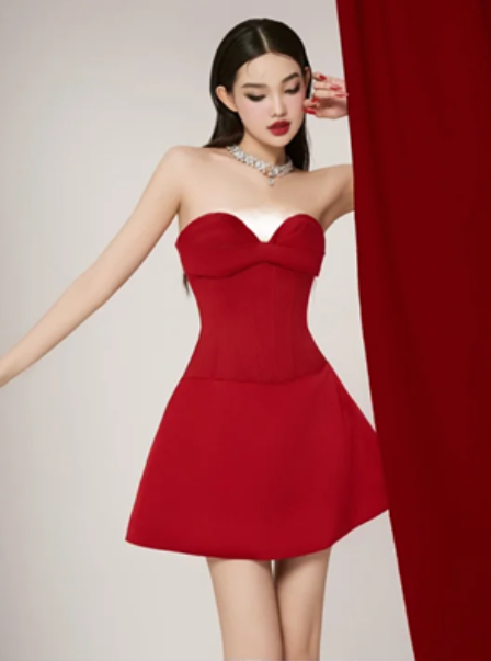 Red tube top waist slim fit A-line princess skirt homecoming dress R4411