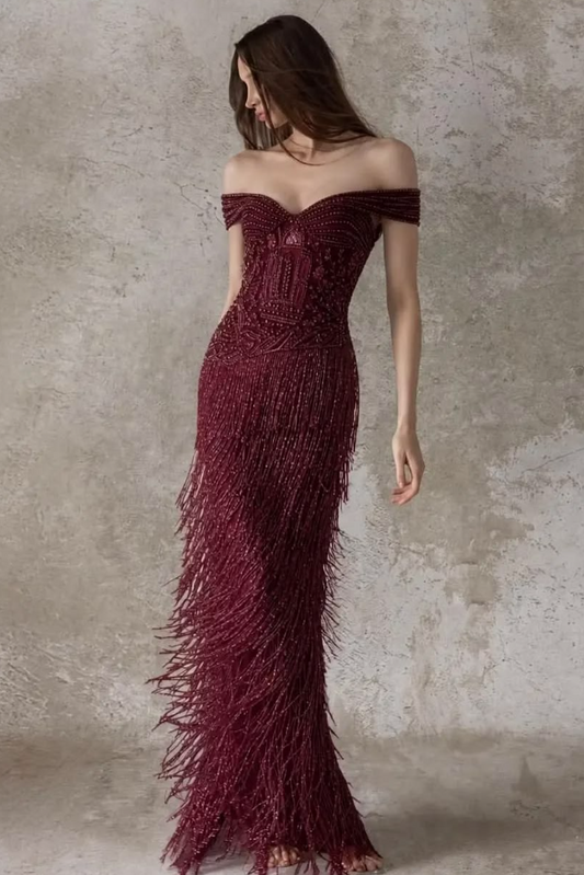 Tassel Decor Bodycon Prom Gown , Burgundy Women's Maxi Evening Dress Ball Gown RS2395