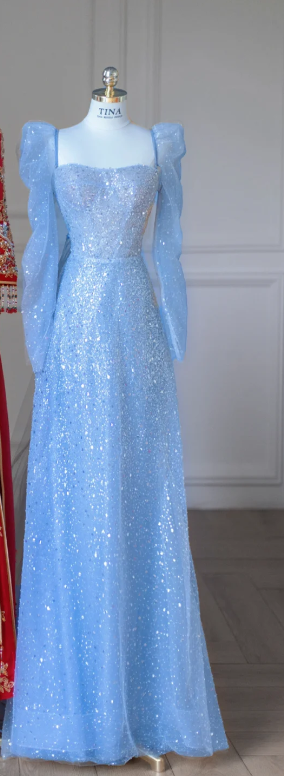 Blue Long-Sleeve Sequin Fitted-Waist Slim-Fit Sexy Long Prom Gown / Bridal Gown R5912