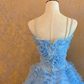 Light Blue Spaghetti-Strap Waist-Cinched Puffball Skirt Ball Gown, Bridal Gown R7358