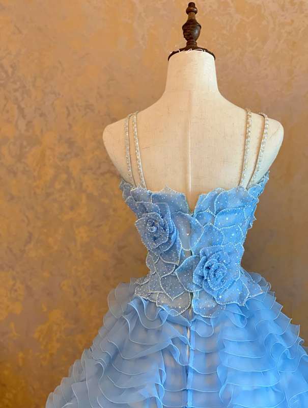 Light Blue Spaghetti-Strap Waist-Cinched Puffball Skirt Ball Gown, Bridal Gown R7358