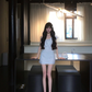 White one-shoulder design, slim waist, A-line short skirt, homecoming dress R5062