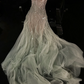 Light green sequined halter-neck fitted long ball gown R8819