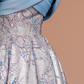 Light blue off-the-shoulder neckline, fitted waist, vintage print long ball gown R8418