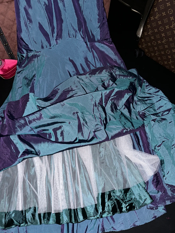 Gray-blue strapless fitted long ball gown R7031