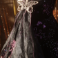 Black Spaghetti Strap Waist-Cinched Vintage Floral Puff-Skirt Ball Gown R7394
