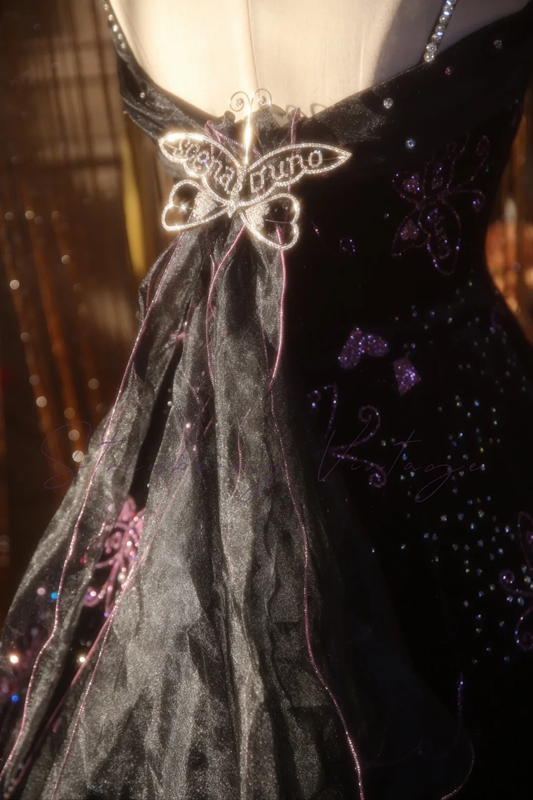 Black Spaghetti Strap Waist-Cinched Vintage Floral Puff-Skirt Ball Gown R7394