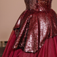 Deep red strapless, fitted waist sequined red ball gown with a full skirt, bridal dress R8360