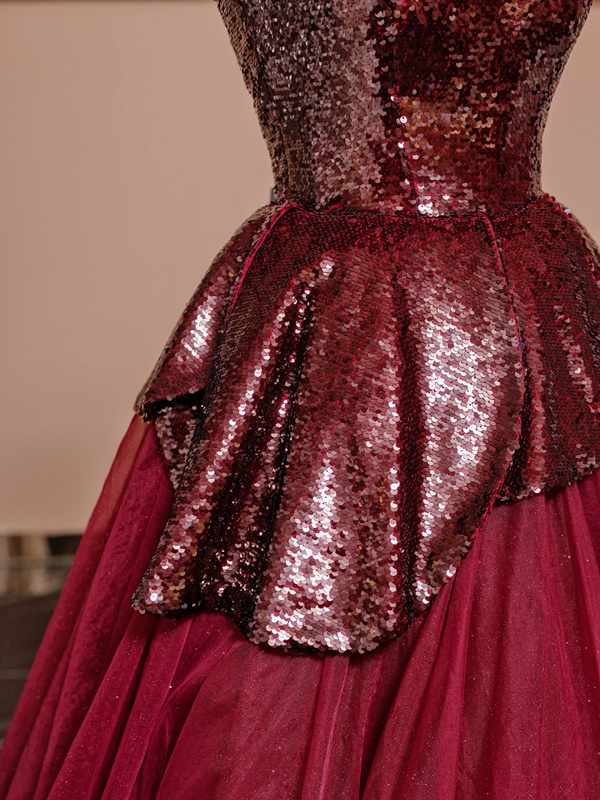 Deep red strapless, fitted waist sequined red ball gown with a full skirt, bridal dress R8360