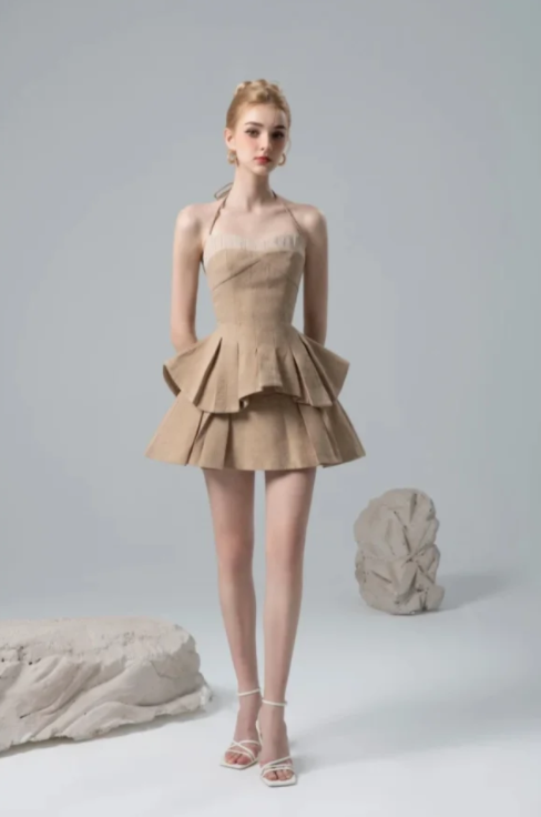 Light brown halter neck suspenders waist slim fit A-line short skirt homecoming dress R4818