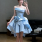 Light blue strapless, fitted waist, puffy skirt, short ball gown R8665
