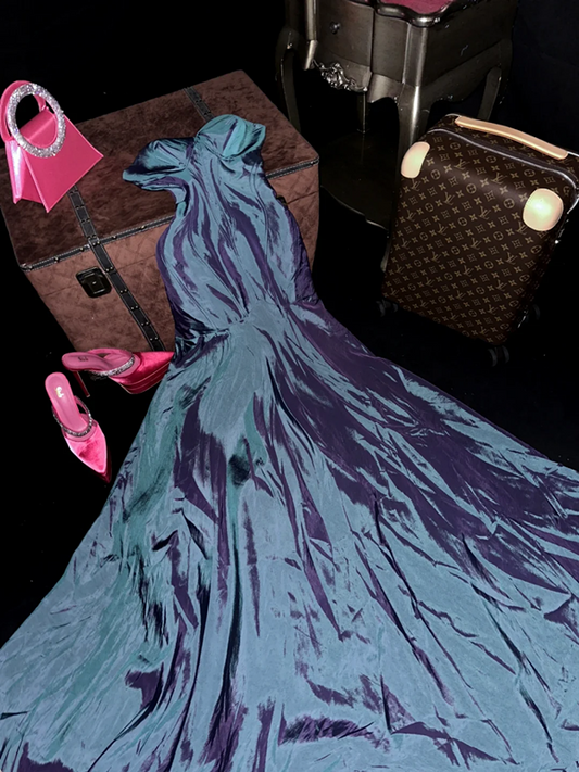 Gray-blue strapless fitted long ball gown R7031