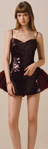 Dark red suspender sequined waist slimming A-line short skirt homecoming dress R4613