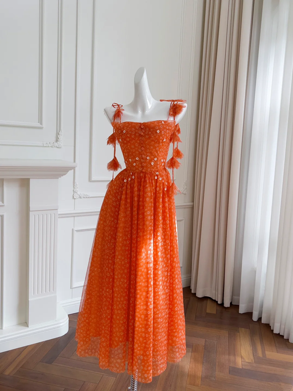 Orange Strapless Sequined Waist Slim Maxi Homecoming Dress R5100