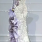 White strapless sequined purple floral fitted bodycon long ball gown R6431