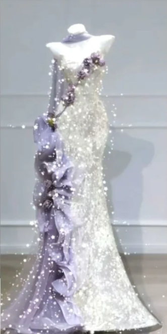 White strapless sequined purple floral fitted bodycon long ball gown R6431