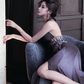 Grey halter neck fitted waist slim back sexy ball gown R7072