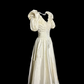 Apricot-colored, puff-sleeved, fitted, mid-length ball gown with a classic elegance R6673
