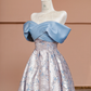 Light blue off-the-shoulder neckline, fitted waist, vintage print long ball gown R8418