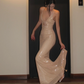 Apricot Spaghetti Strap Sequin-Embellished Waist-Cinched Fitted Sexy Floor-Length Prom Dress R7112