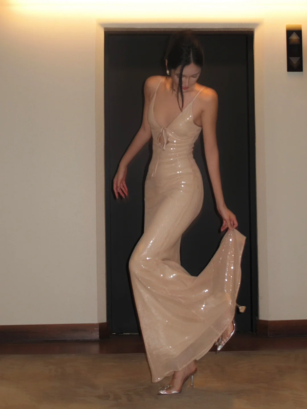 Apricot Spaghetti Strap Sequin-Embellished Waist-Cinched Fitted Sexy Floor-Length Prom Dress R7112