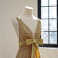 Gold V-neck fitted sequined long ball gown, perfect for a sexy bridal gown R8484