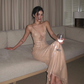 Apricot Spaghetti Strap Sequin-Embellished Waist-Cinched Fitted Sexy Floor-Length Prom Dress R7112