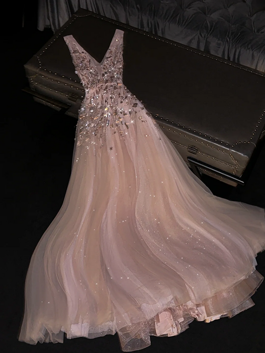 Light pink V-neck fitted long ball gown, bridal dress R8789