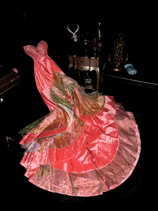 Pink strapless, fitted waist, flared skirt, fairy-like long ball gown R6952