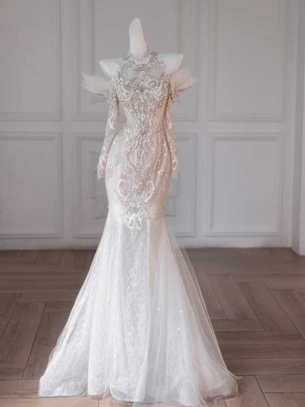 Apricot Diamond Halter Neck Slim Fit Hip Fishtail Maxi Bridal Dress R5835