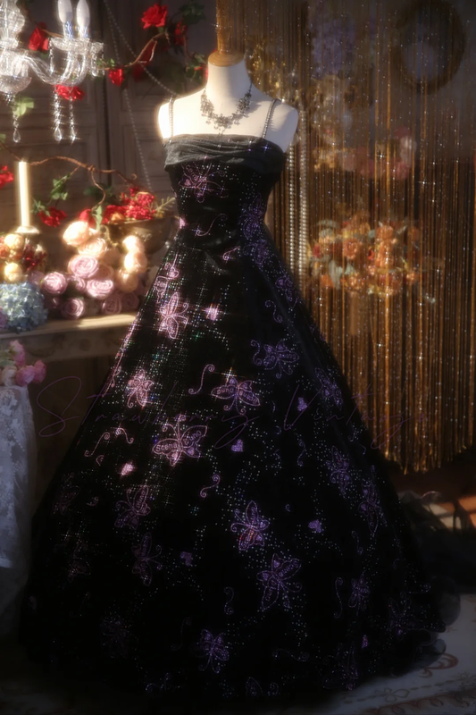 Black Spaghetti Strap Waist-Cinched Vintage Floral Puff-Skirt Ball Gown R7394