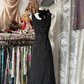 Black Tank Spaghetti Strap Vintage Pattern Waist-Cinched Slim-Fit Midi-Length Ball Gown R7431