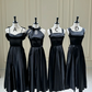 Black satin waist-cinched, figure-flattering ball gown, bridesmaid dress R5954