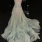 Light green sequined halter-neck fitted long ball gown R8819