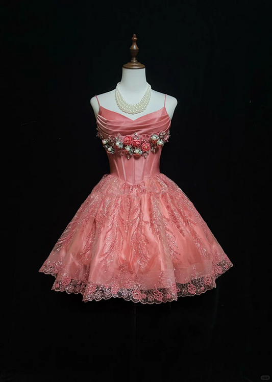 Pink halter chest 3D flower waist slim lace skirt design short skirt homecoming dress R4940