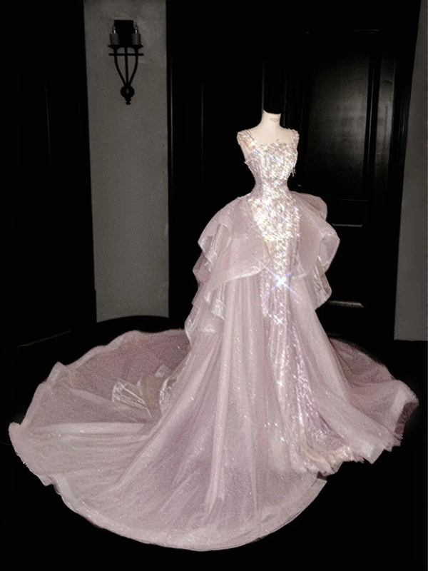 Light pink diamond suspenders waist hip-hugging fishtail sexy long skirt, prom dress R5642