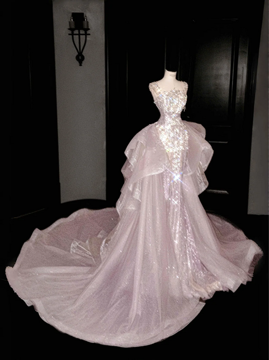 Light pink diamond suspenders waist hip-hugging fishtail sexy long skirt, prom dress R5642