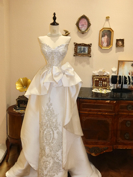 White strapless rhinestone-embellished fitted long wedding dress R6593